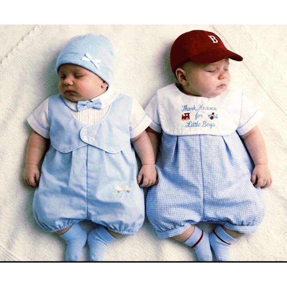 Baby Boys 2 Light Blue Alexis Rompers, Embroidered Train, Bow tie, Short Sleeve